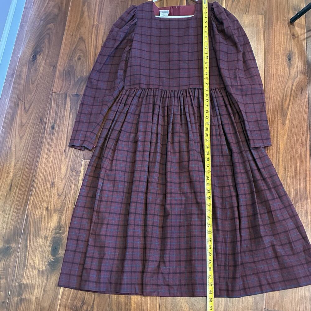 Vintage Laura Ashley Square Neck Tartan Plaid Prairie Dress Plum Size US 14 - Picture 4 of 9